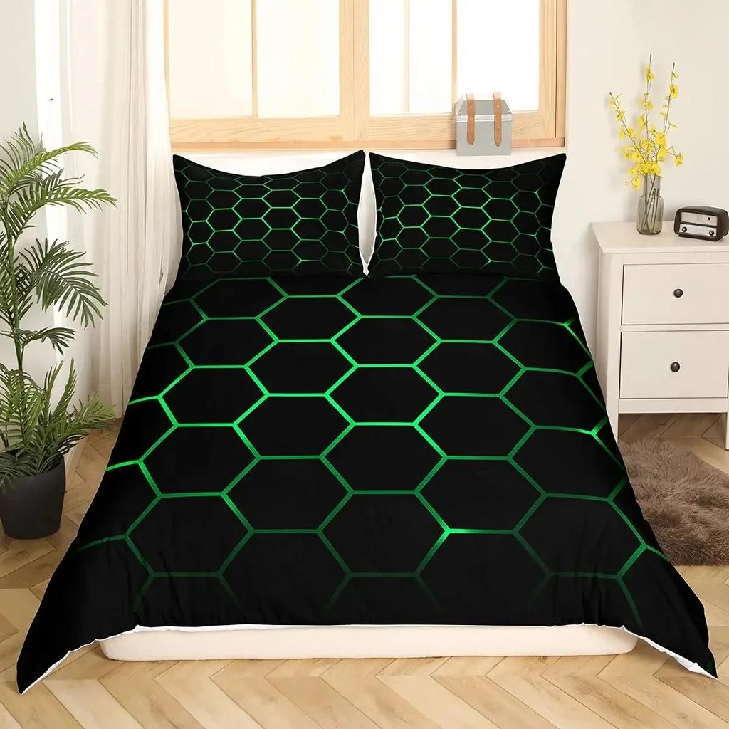 Comforter Red Glowing Polygonal Grid Pattern Bedding Set 135×200 With 260×220 Black Blanket
