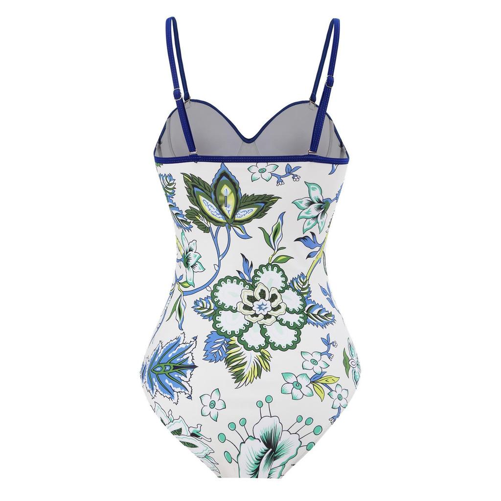 2024 Blue & White Floral Porcelain One-Piece Chiffon Skirt Bikini