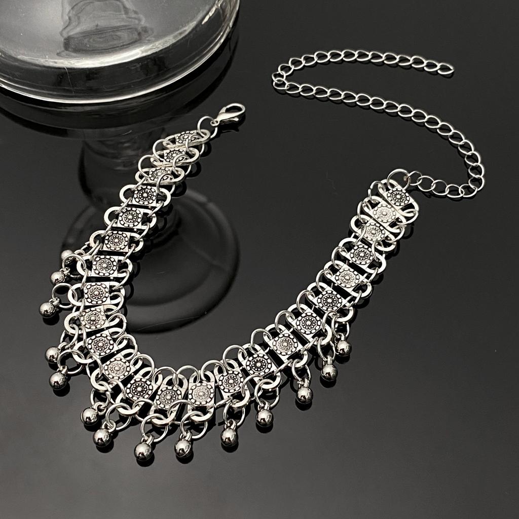 Vintage Silver Plated Bell Choker Necklace, Boho Floral Engraved Drop Choker for Women