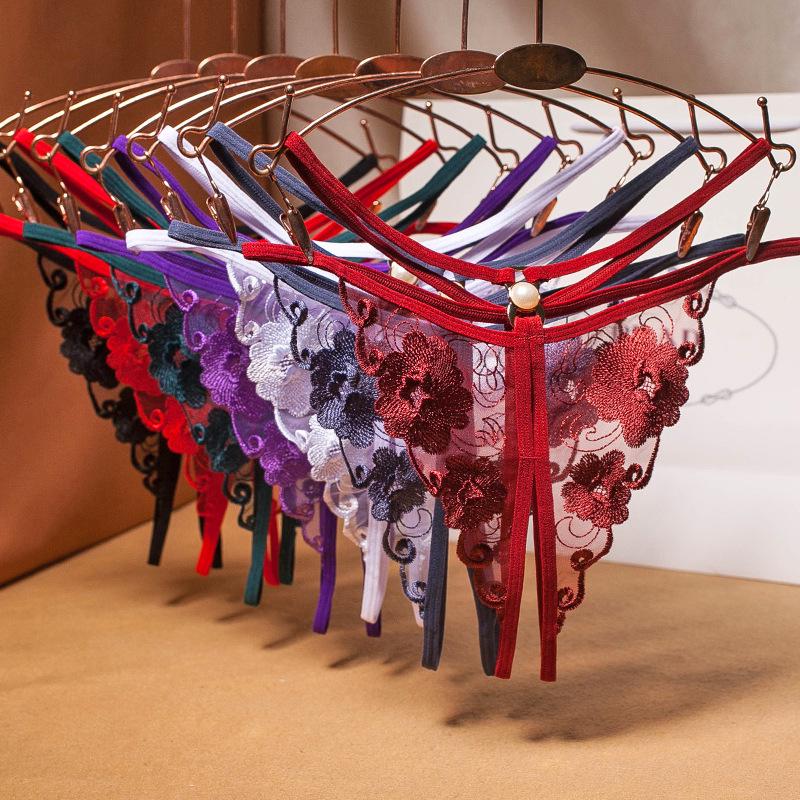 Women's Sexy Lace-Up Mesh Embroidered Thong with Pearl Detail and Open Crotch