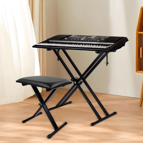 Keyboard Stand Bench Set for Digital Pianos, X-Shaped Design, Durable and Strong, Includes Dust Caps, 7 Height Adjustments, Thick Reinforced Frame, No