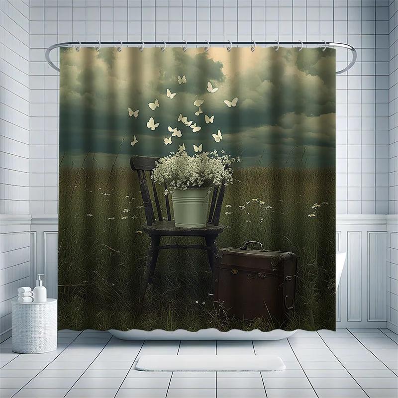

Stool Flower Vase Shower Curtain Set - Surrounded By Butterflies, Literary Style, Polyester Fabric, Modern Bathroom Decor W60H190(CM)-1 Pcs