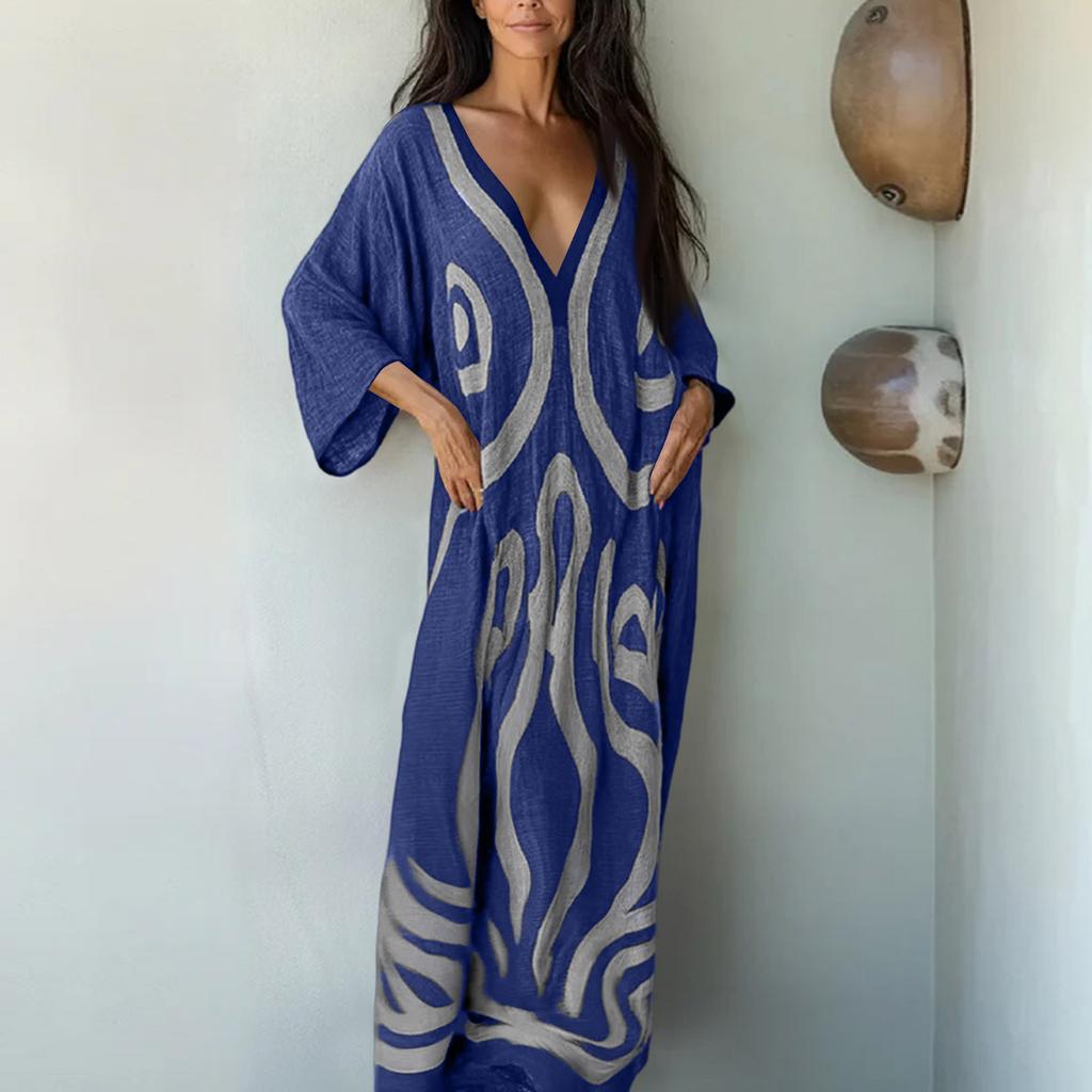 Women V Neck Bohemian Print Kaftan Dress Loose Fit Maxi Robe for Beach Holiday Home Relaxation Casual Wear