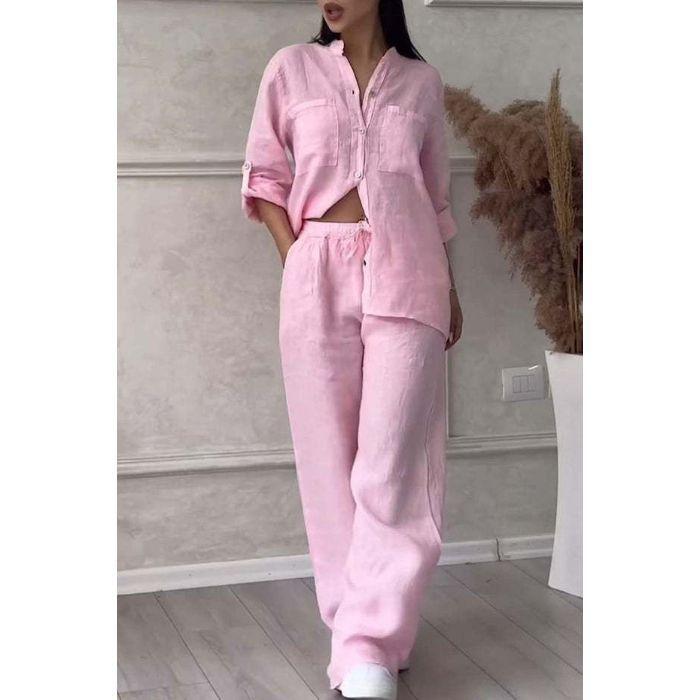 Women's Casual Two-piece Solid Color Cotton and Linen Shirt Wide-leg Pants Suit