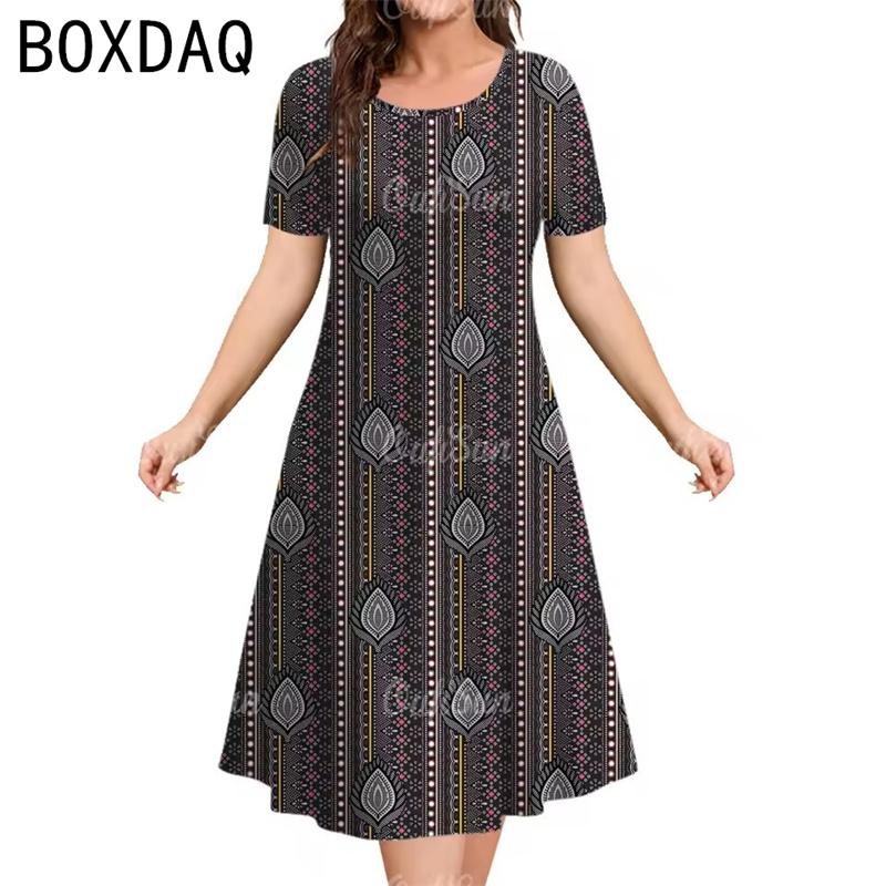 Women's Vintage Bohemian Ethnic Print Dress Summer Big Size Short Sleeve O-Neck  Casual Dress Elegant Ladies Mini A-Line Dress