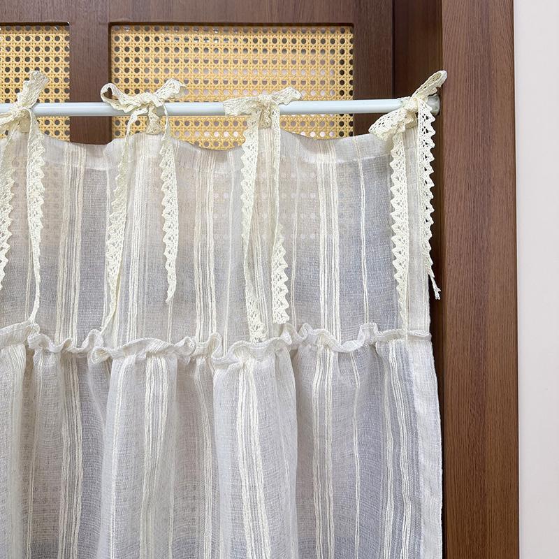 Japanse gestreepte imitatie linnen ruches doorzichtige halfe gordijn beige hol kant strik bovenkant ontwerp klein gordijn voor keukenkastjes W70 x H50cm 1Piece&Tie Top&1 panel