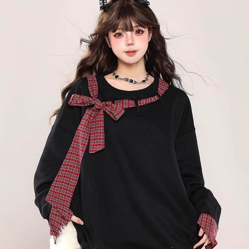 Women's Lace Up Long Sleeved Sweatshirt Round Neck Fake Two Loose Solid Color Women's Hoodies Autumn Fashion New Female Top