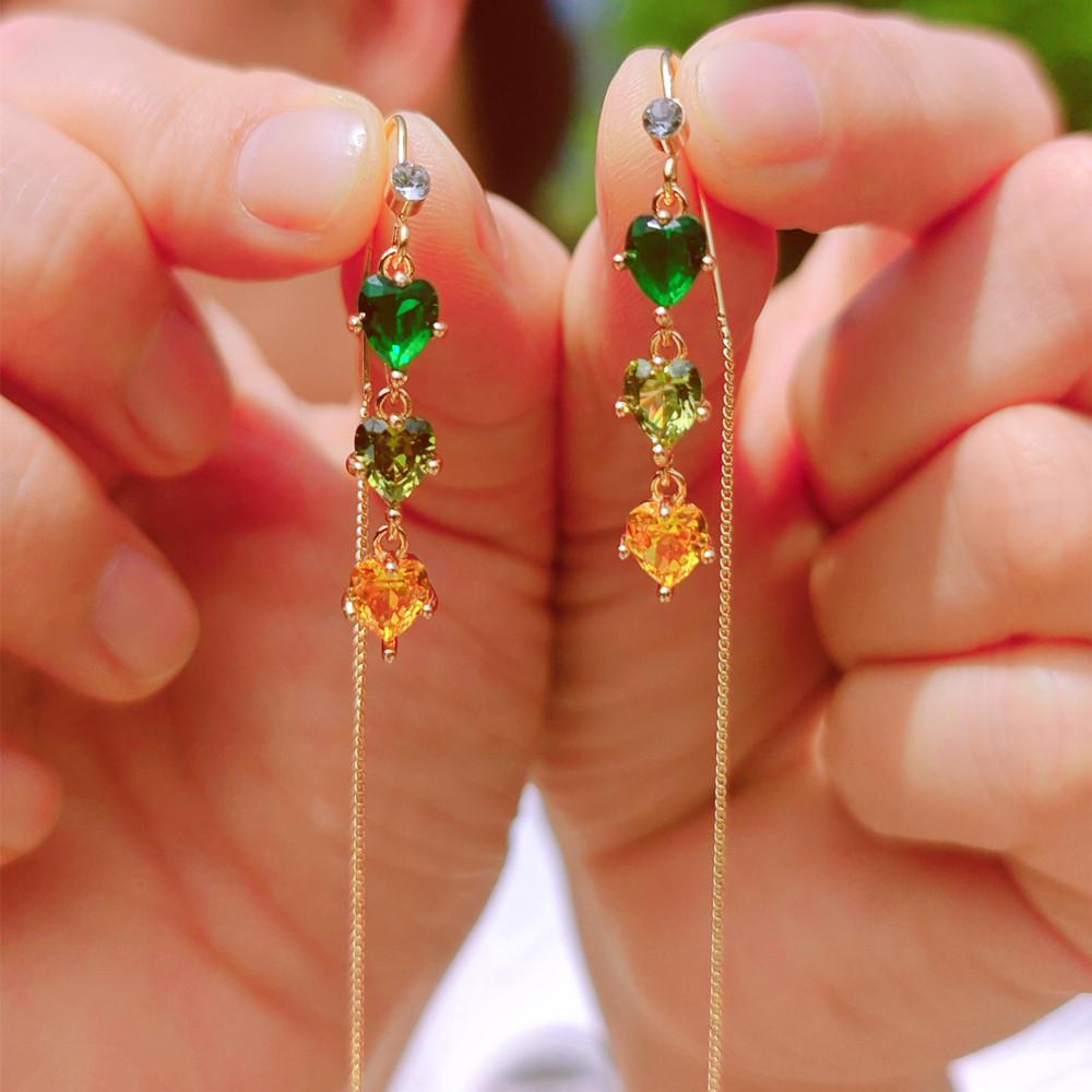 

1 пара цветных сережек в форме сердца с кубическим цирконием, длинные висячие серьги для женщин, пирсинг, серьги, аксессуары для ушей, ювелирные изделия зелёный