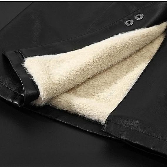 Women's Winter Fleece-lined Leather Jacket Mid-length Turn-down Collar PU Leather Jacket