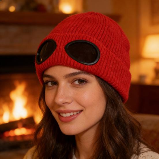 Strickmütze Einfarbig Warme Strickmütze mit Brillen-Dekor Elastisch Winddicht Wintermütze Outdoor Reisen Radfahren Tägliches Tragen