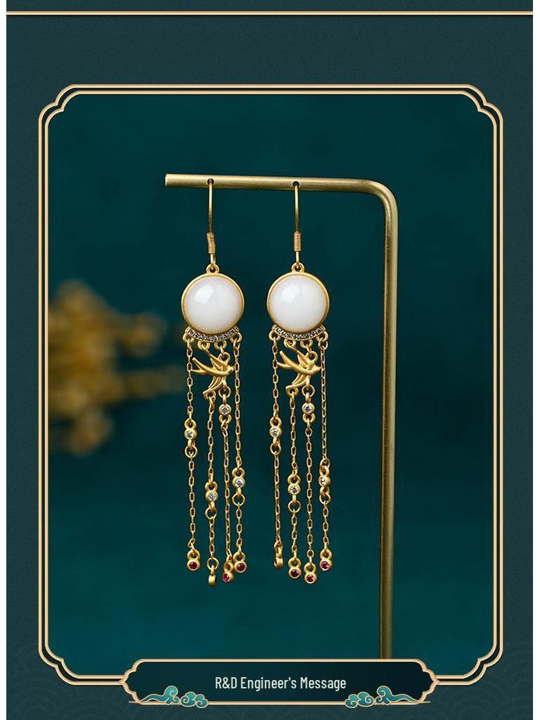 Aieryuan 2022 Retro Tassel Magpie Earrings - Imitation Jade, Ancient Gold Design, Perfect Qixi Gift