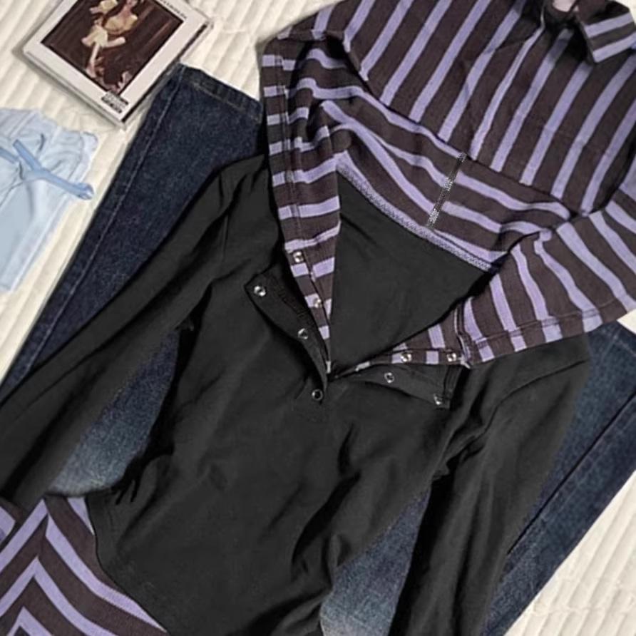 American Street Style Women's Slimming Faux Two-Piece Long-Sleeve Hoodie with Patchwork Stripes