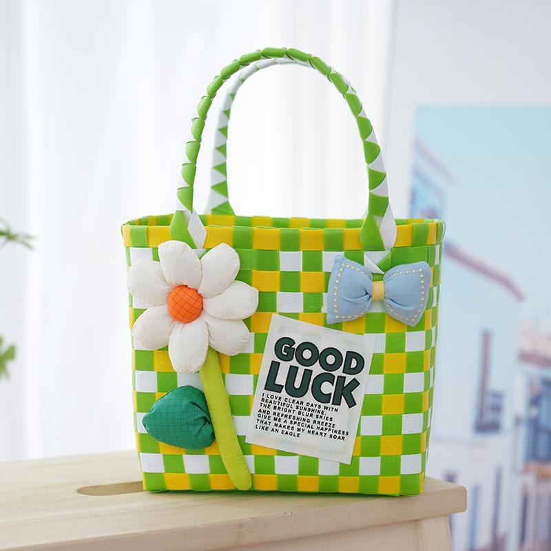 Small Fresh Plastic Woven Handbag Bow Handwoven Bag Wrench Gift Packaging Bag Bow Plastic Woven Bag