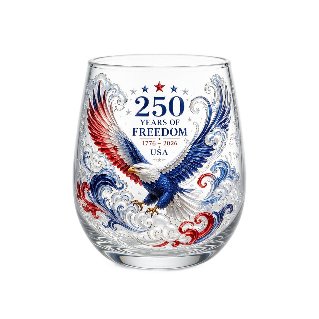 250 Years of Freedom Commemorative Eagle Glass 1776 To 2026 USA Anniversary Collectible Drinkware Stemless Glassware