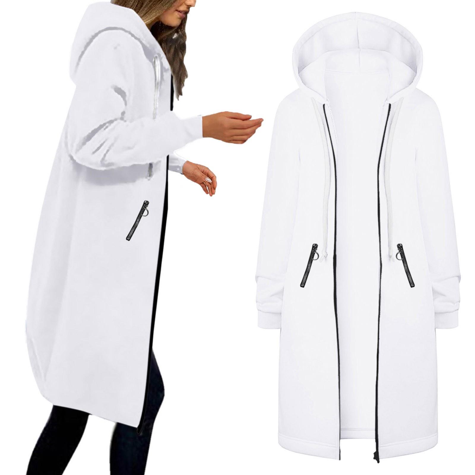 

Женские повседневные толстовки на молнии, длинная толстовка-туника, зимняя ветрозащитная куртка с капюшоном на шнурке, верхняя одежда с карманами XXL белый