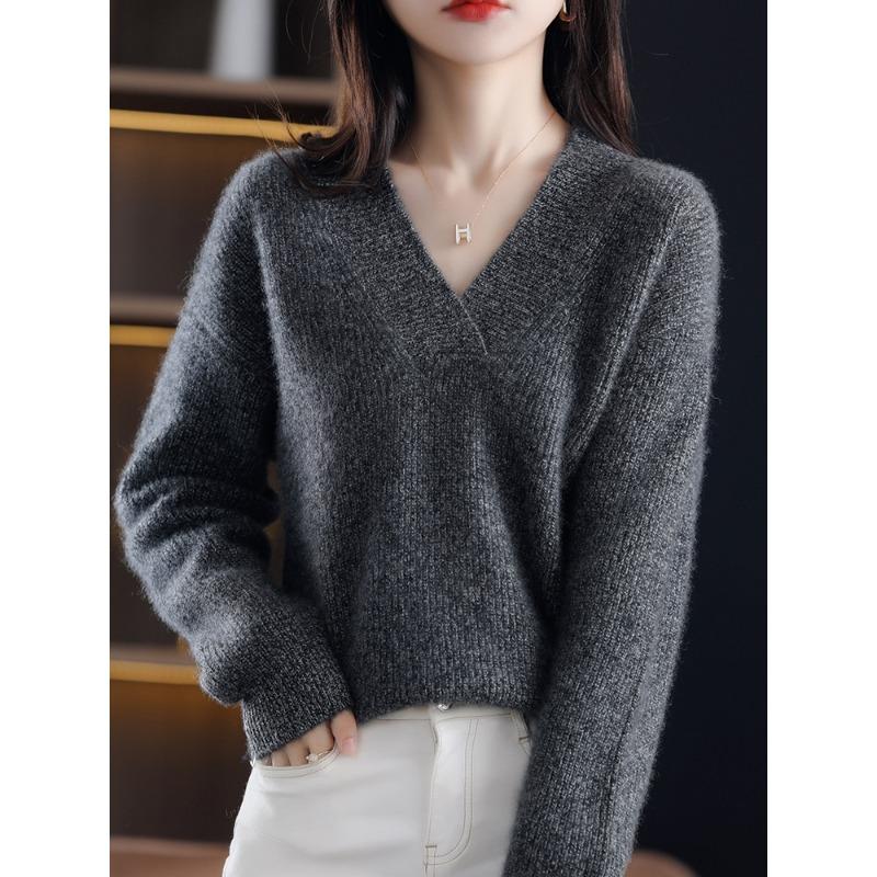 Autumn and Winter New V-neck Pullover Sweater Women's Fashion Loose Simple Knitted Thickened Tops Elegant Casual Solid Color Office Clothing