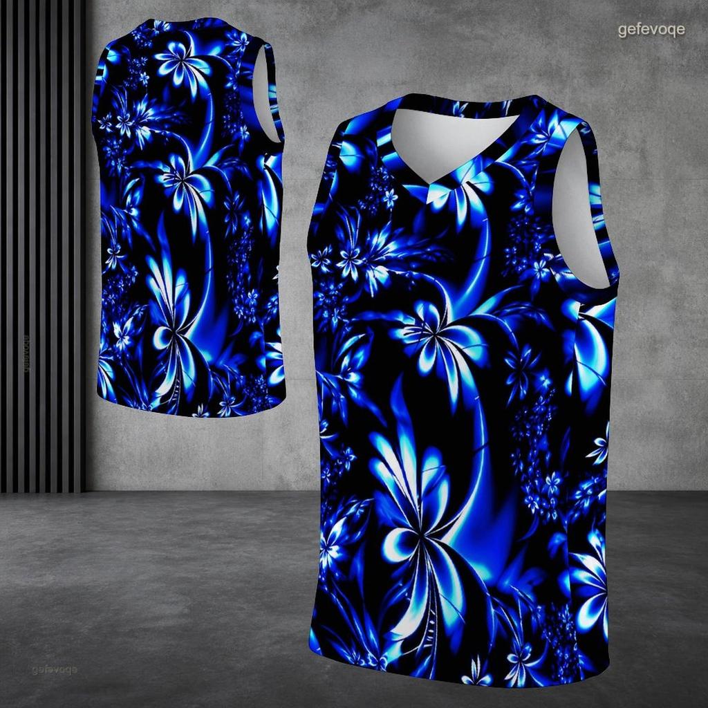 Men s Plus Size V Neck Sleeveless Tank Top Black Blue Floral Printed