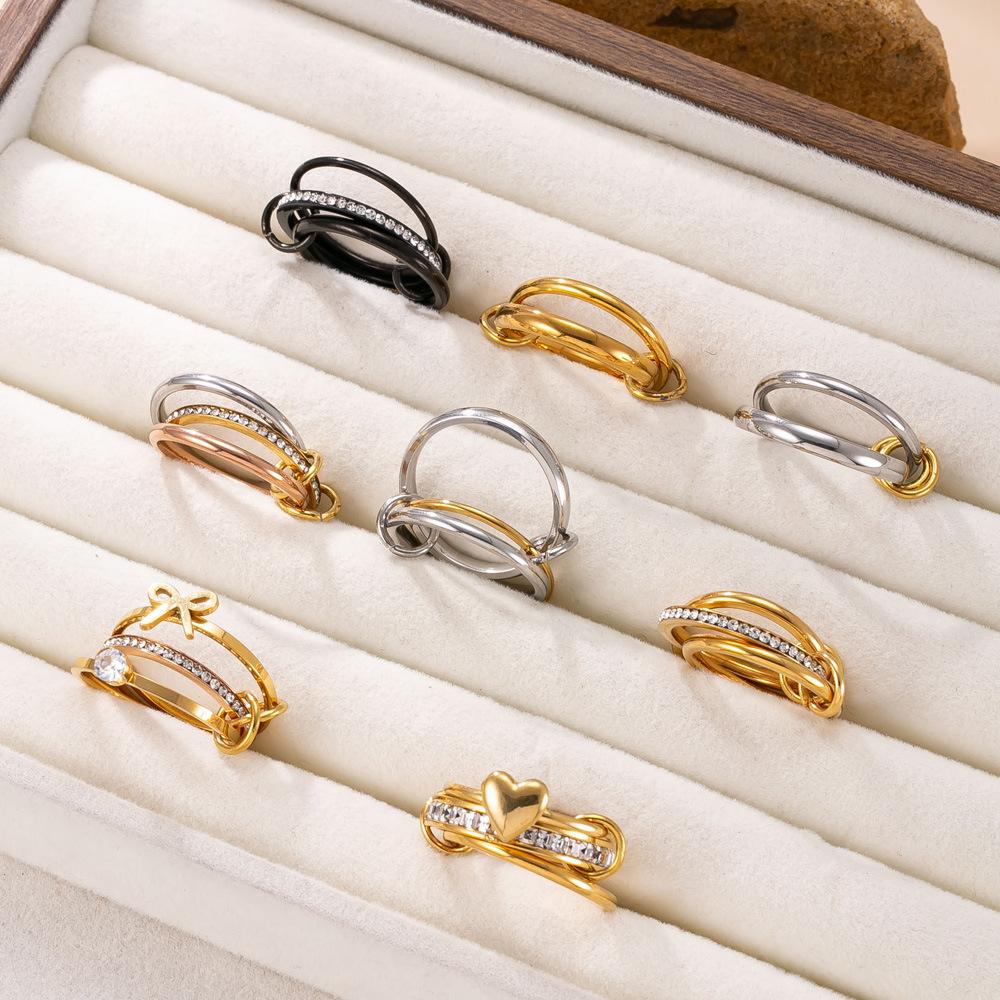 Titanium Steel Fashion Creative Plated Jewelry18k Gold Ring Three-Layer Plain Band with Inlaid Diamonds Stackable Rings Wholesale
