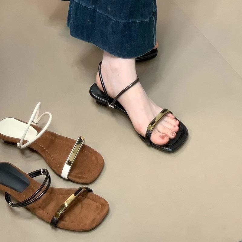 Slip Strap Sandals Women's Summer New Square Toe Open Toe Metal Buckle Soft Sole Anti-slip Wear-resistant Square Heel Slippers