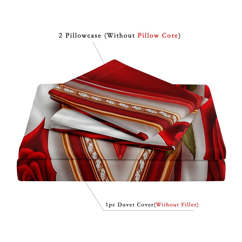 3-teiliges Romantisches Herzförmiges Rosenmuster Partner Bettbezug-Set zum Valentinstag, Bettwäsche-Set, Weicher Und Bequemer Bettbezug