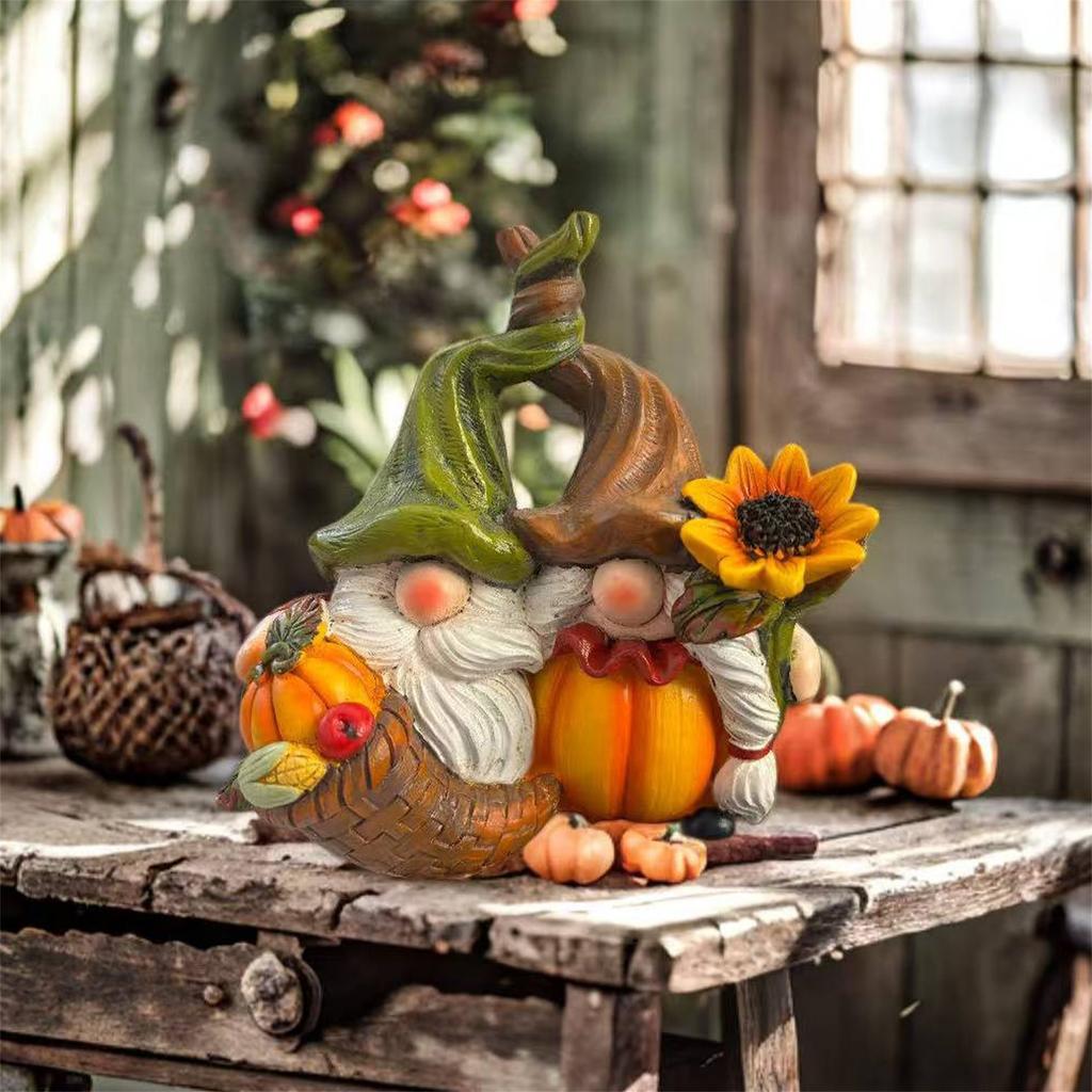 Autumn Harvest Gnome Figurines with Sunflower and Pumpkin Accents Festive Thanksgiving Home Decor Statues for Fall Season