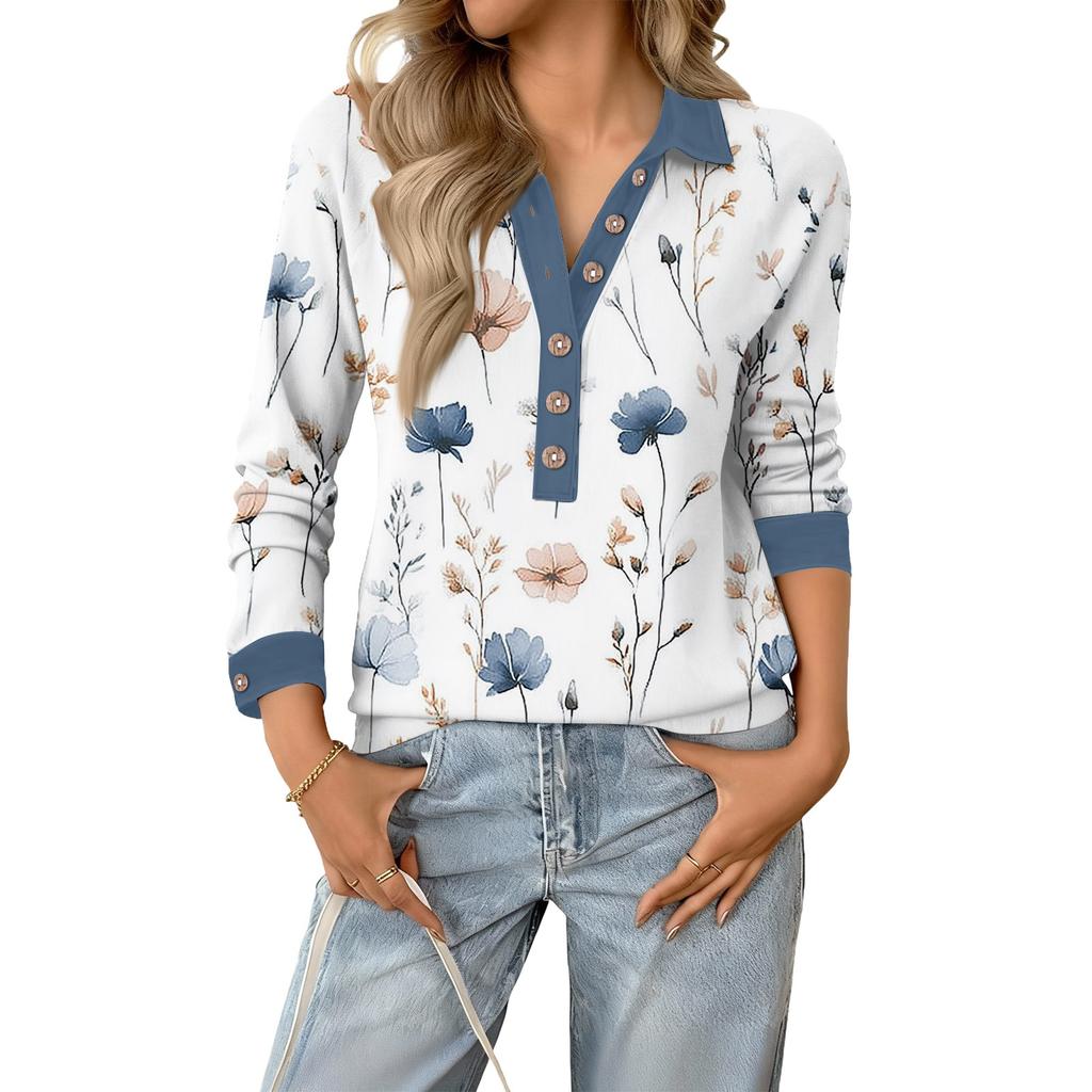 Damen Retro Street Lässiges V-Ausschnitt Langarm Knopf Floral Print Pullover Top