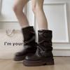 Fashion Retro Women Pleated Pipe Thick Heel Autumn Winter Belt Buckle Mid Calf Booties for Adult Women