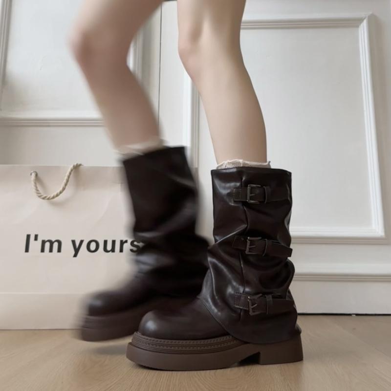 Fashion Retro Women Pleated Pipe Thick Heel Autumn Winter Belt Buckle Mid Calf Booties for Adult Women
