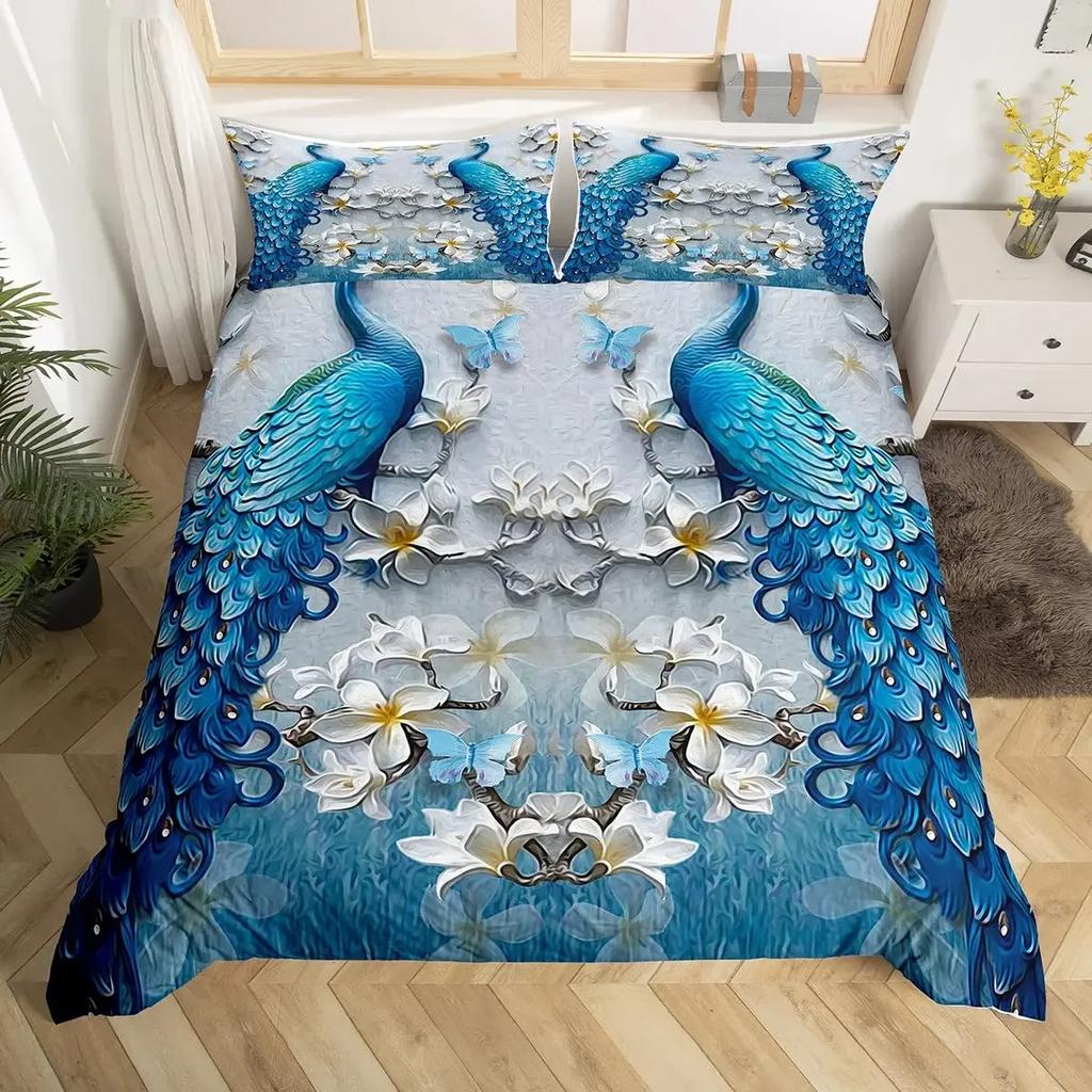 Peacock Comforter Cover Bohemian Duvet Cover Set Exotic Birds Animals Bedding Set Feather Floral Fresh Natural Bedspreads Cover