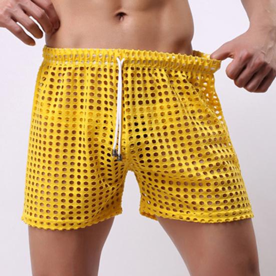 Erotic Men Solid Color Mesh See Through Hollow Out Drawstring Shorts Beach Pants