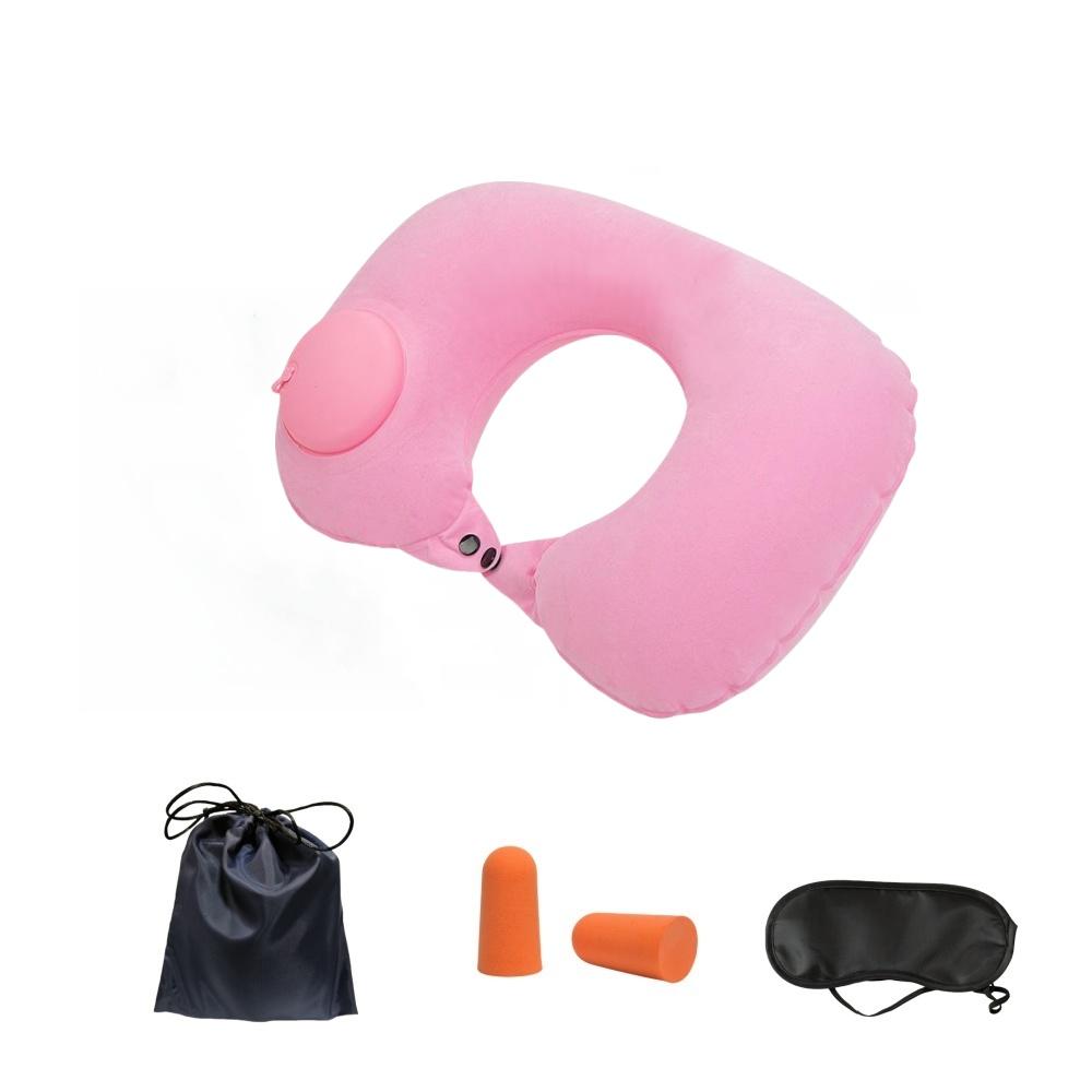 Verstellbares aufblasbares Nackenkissen, Taillenkissen, tragbares aufblasbares Kissen mit Augenmaske, Ohrstöpseln, Handtasche