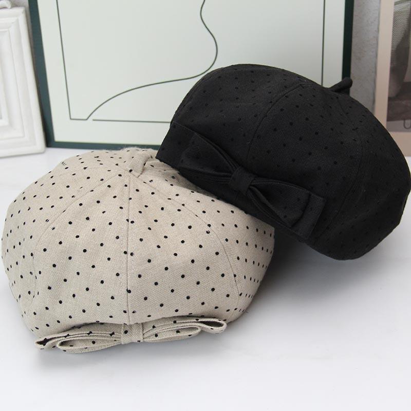 Bow Beret Women's Autumn and Winter Big Head Circumference Retro Dot Painter Hat Showing Face Small Star Anise Bud Hat