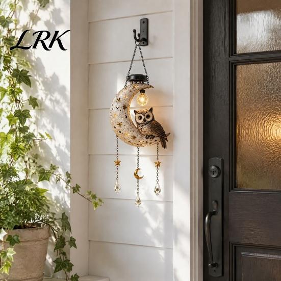 Hanging Resin Owl Moon Lanterns Solar Owl/Cat Light, Outdoor Garden Wind Chime with LED Powered Lawn Decoration Lamps Waterproof Decorative Lamp, Auto