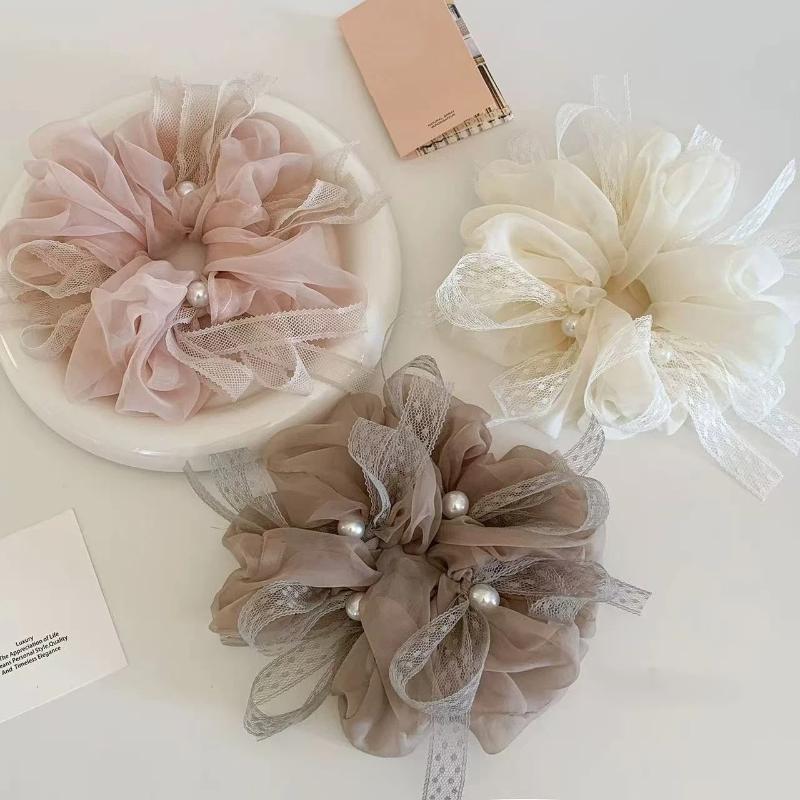 Women Elegant Large Chiffon Hair Scrunchies Soft Faux Pearl Lace Ribbon Elastic Hair Bands for Dinner Party Use
