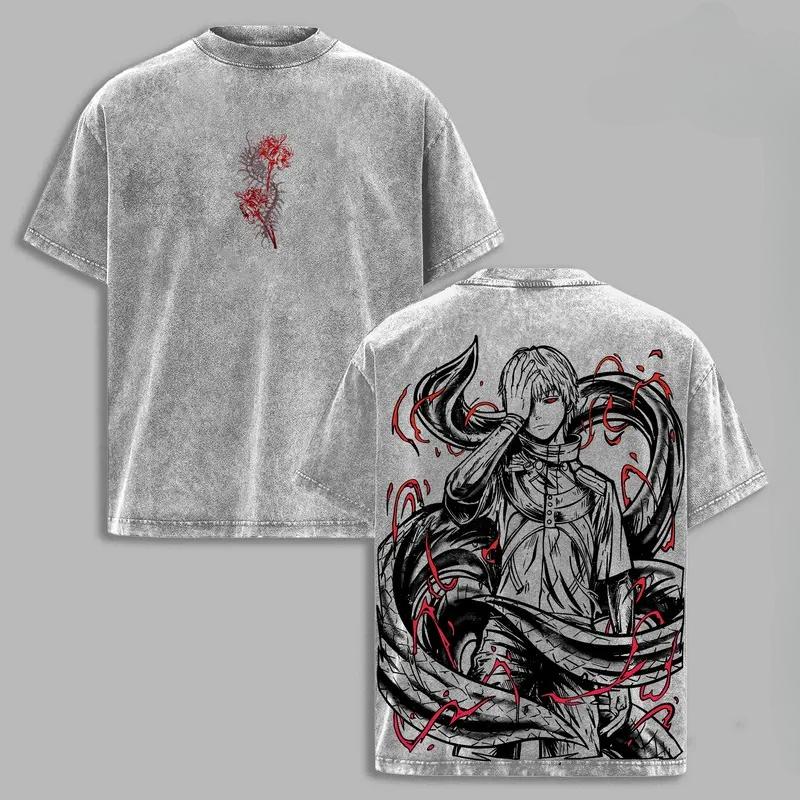Япония Аниме Токийский Гуль Кен Канеки Графическая Футболка Винтажная Стиранная Оверсайз Футболка Мужская Женская Одежда Хлопок Короткий Рукав Футболки XXL