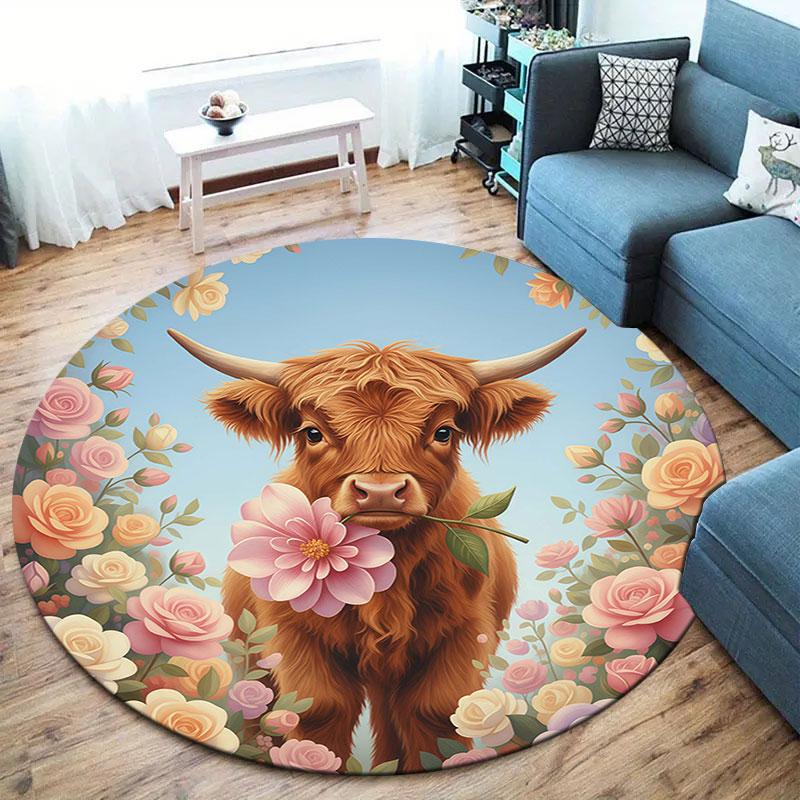 Cuteflowersanimals Round Area Rug,Carpet Rug for Living Room Bedroom Sofa Playroom Decor,Non Slip Floor Mat