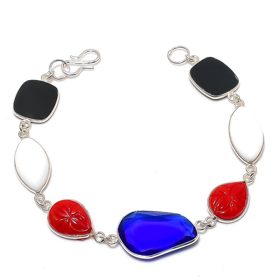 

Браслет из стерлингового серебра 925 пробы с натуральным лондонским голубым топазом и кораллом, 7–8 дюймов k4r69