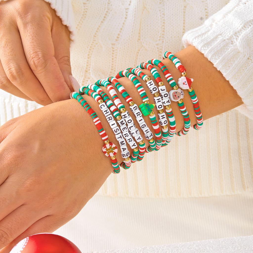 10Pcs/Set Colorful Soft Clay Beads Christmas Tree Santa Claus Beaded Bracelet Set For Women Stackable Bangle Handmade Party
