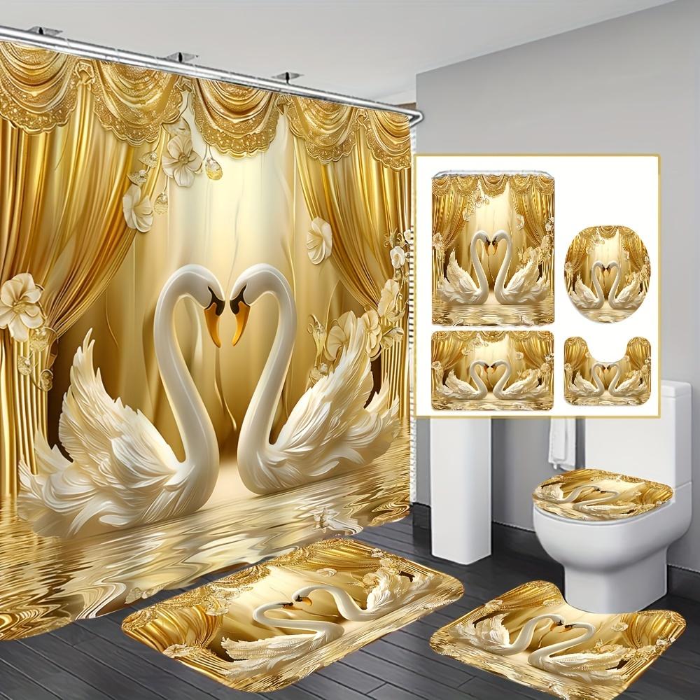 Luxusní zlaté labutě a závěsy Koupelnová sada - Nepromokavá sprchová závěs, Potah na víko WC, Koupelnová předložka a Obrysová předložka