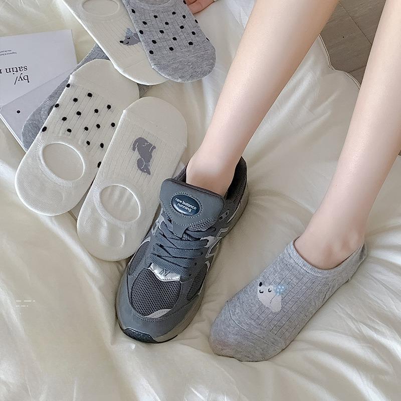 Simple Boat Socks, Spring and Summer Puppy Sweat-absorbing Cartoon Low-top Invisible Short Socks, Shallow Opening Anti-slip Silicone, No Heel Drop