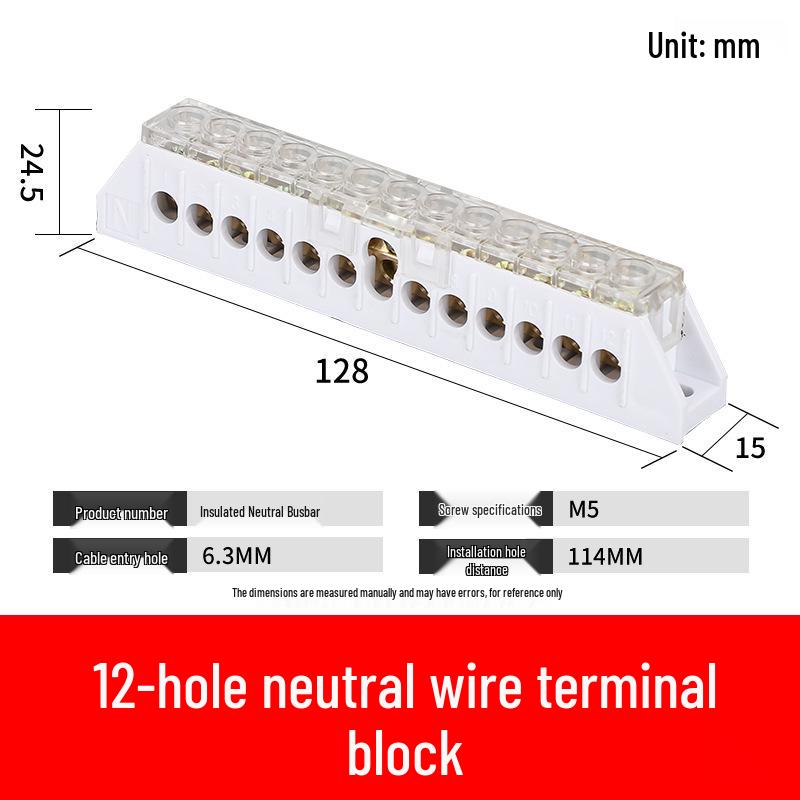 Transparent Cover Neutral/Ground Terminal Block - 8/12/18 Slots Copper Busbar