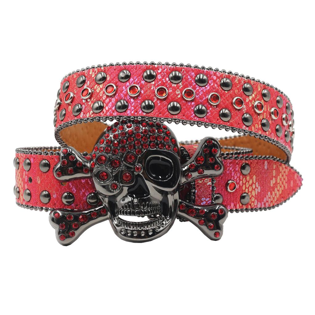 Snake Pattern Diamond Skull Belt Pin Buckle Retro Rhinestone Men and Women Denim Belt Fashion Hip-hop Punk Outfit