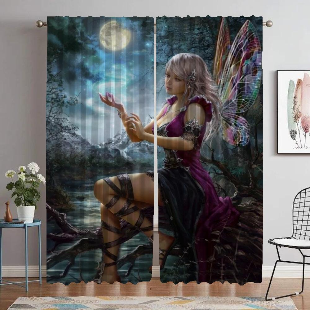 Modern Living Room Curtains 2 Pieces Female Elf Blackout Curtain for Room 2 Panel Shades Halloween Decoration Partition Kitchen