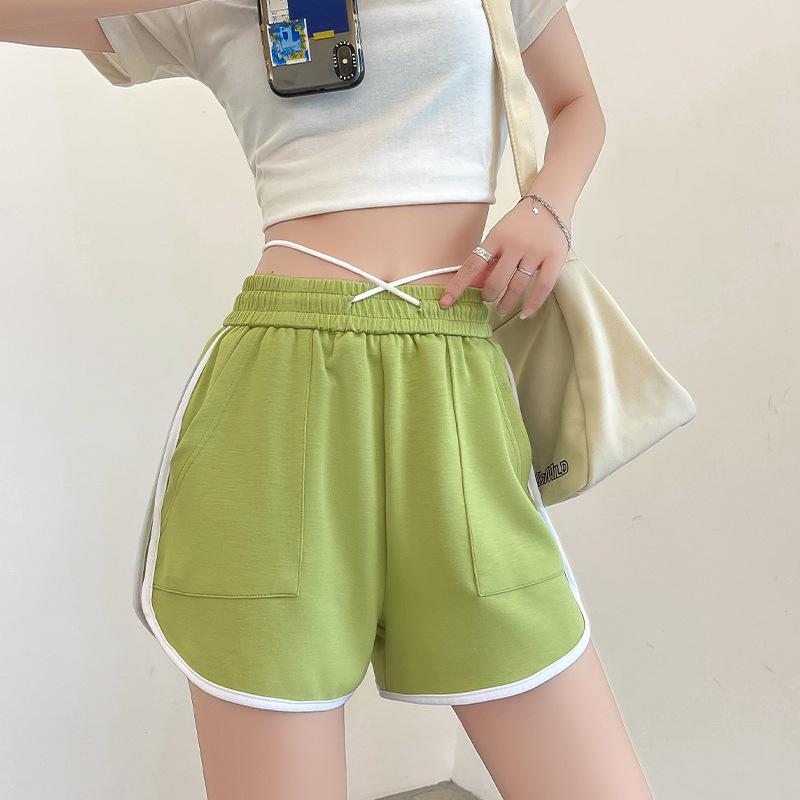 Women Summer Jogging Sports Solid Color Drawstring High-Waisted Wide-Leg Casual Shorts Pants