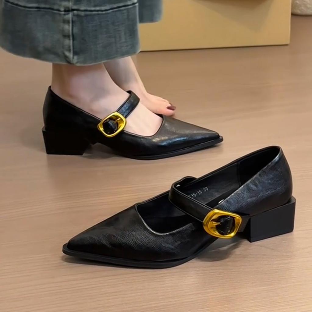 Sheepskin version~ retro metal one-word buckle thick heel small single shoes women's shallow mouth pointed temperament versatile Mary Jane shoes