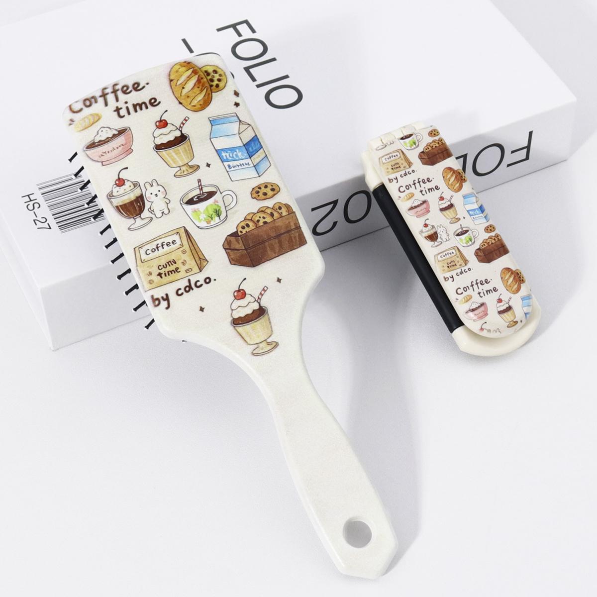 Coffee food pattern comb set, scalp massage comb, hair care, hair smoothing, anti-static,Special for real hair wigs