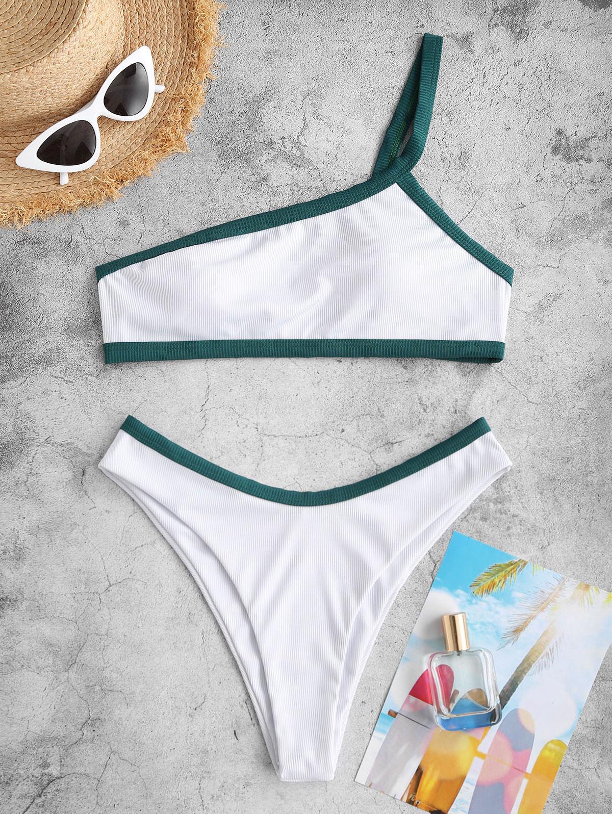 

ZAFUL Контрастная окантовка, рубчатый купальник бикини с высоким вырезом L белый