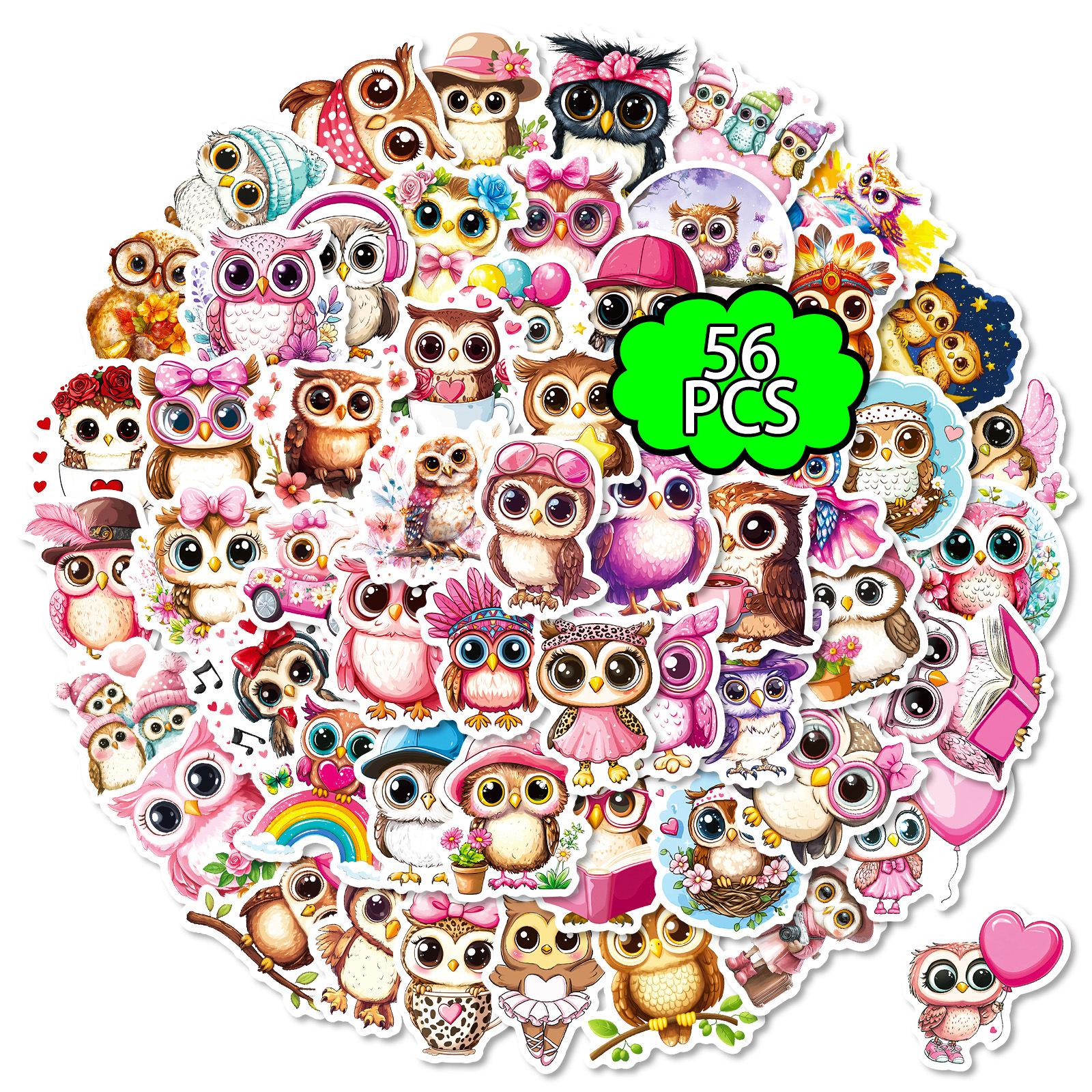 56 Pink Big-Eyed Owl Graffiti Stickers Cute Cartoon Handbook Diary Decorative Stickers