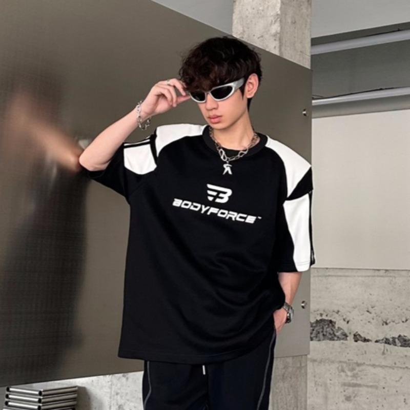 Spring and Summer New Men's Color Block Printing Shoulder Pad Loose Casual Short Sleeve T-shirt