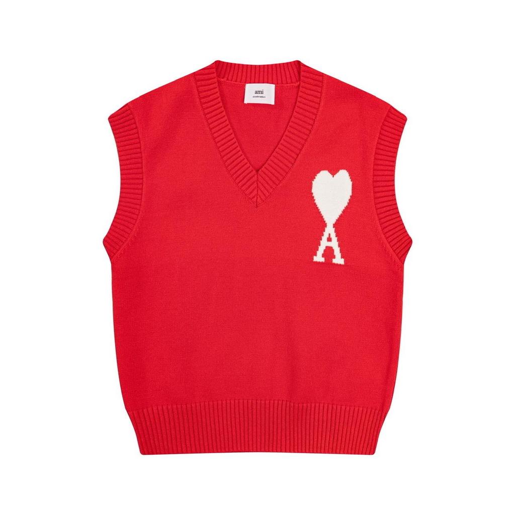 AMI 2025 Autumn and Winter Men's New Red Heart Letter V-neck Sleeveless Couple Sweater Vest